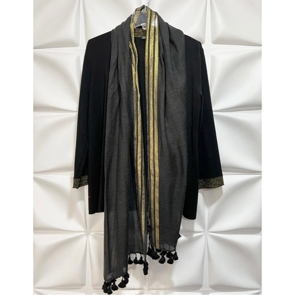 Eileen Fisher Womens Sz PM P M Black Gold ITALIAN Wool Cardigan Tassel Scarf Set - Picture 10 of 16